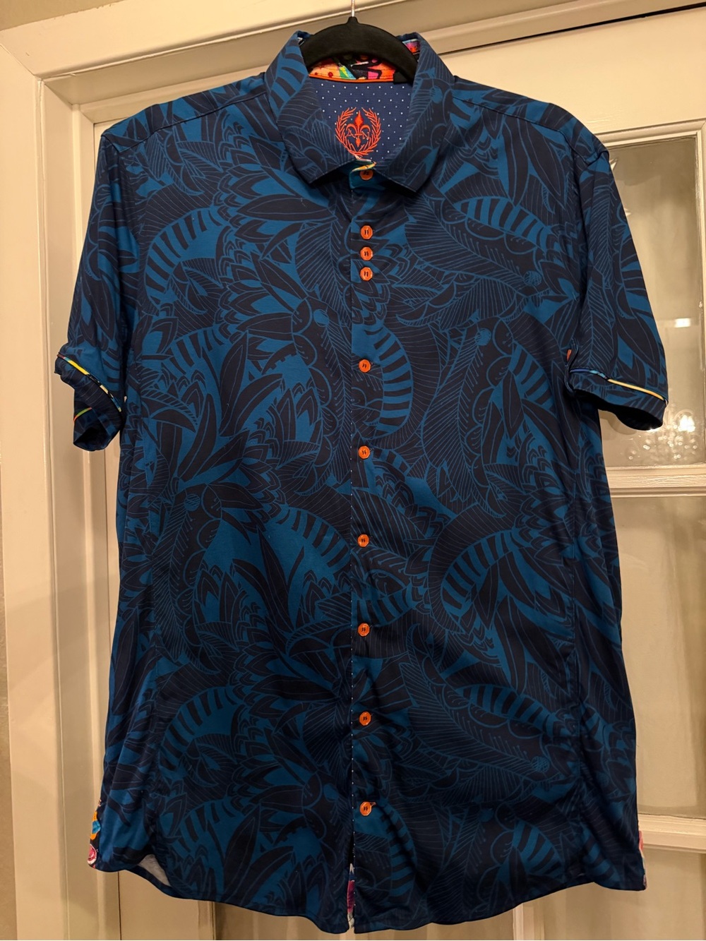 Au Noir Men’s 4/L Blue Floral Short Sleeved ButtonUp Stretch Polo Shirt $179msrp